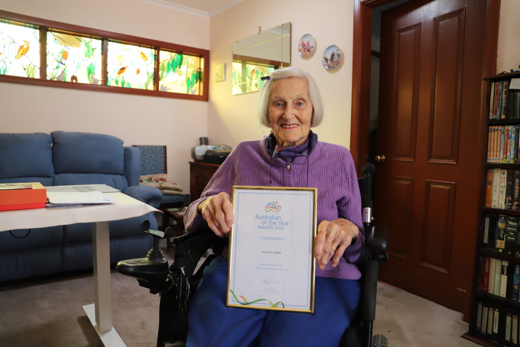 Florence with her 2012 Australian of the Year nomination certificate.