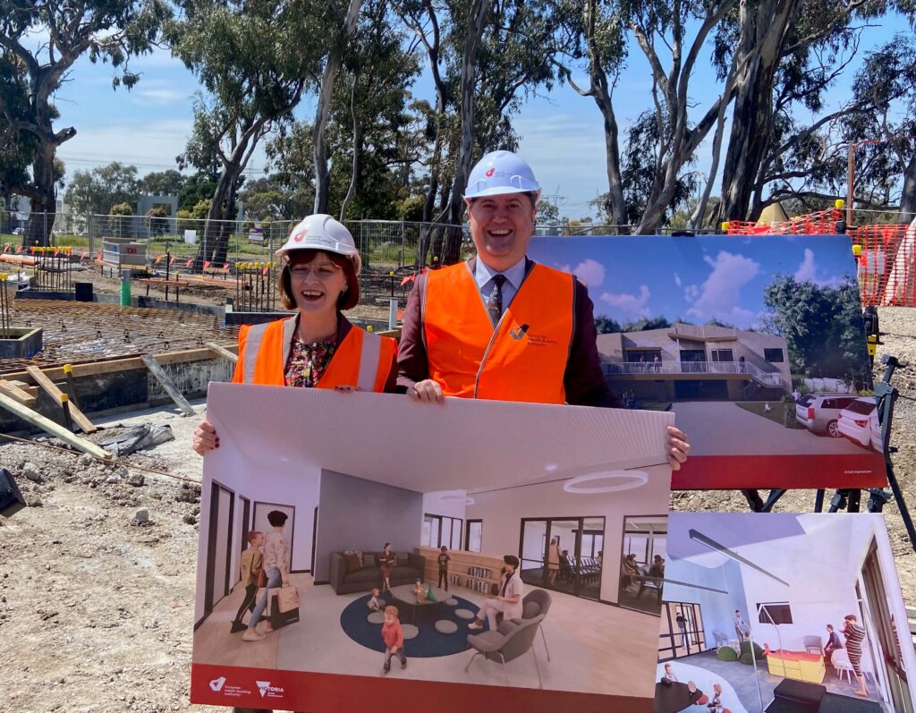 The Victorian Minister for Health Infrastructure Mary-Anne Thomas with Mercy Health Chief Executive Health Services Professor Jason Payne at the site of the new Whittlesea Early Parenting Centre.