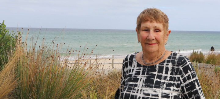 Mercy Place Northcliffe resident Joan Bowden enjoying her daily stroll by the sea