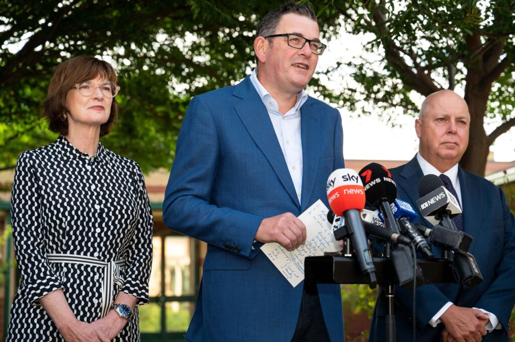 Premier Andrews, Treasurer Tim Pallas and Minister for Health Mary-Anne Thomas fronting the media at Werribee Mercy Hospital